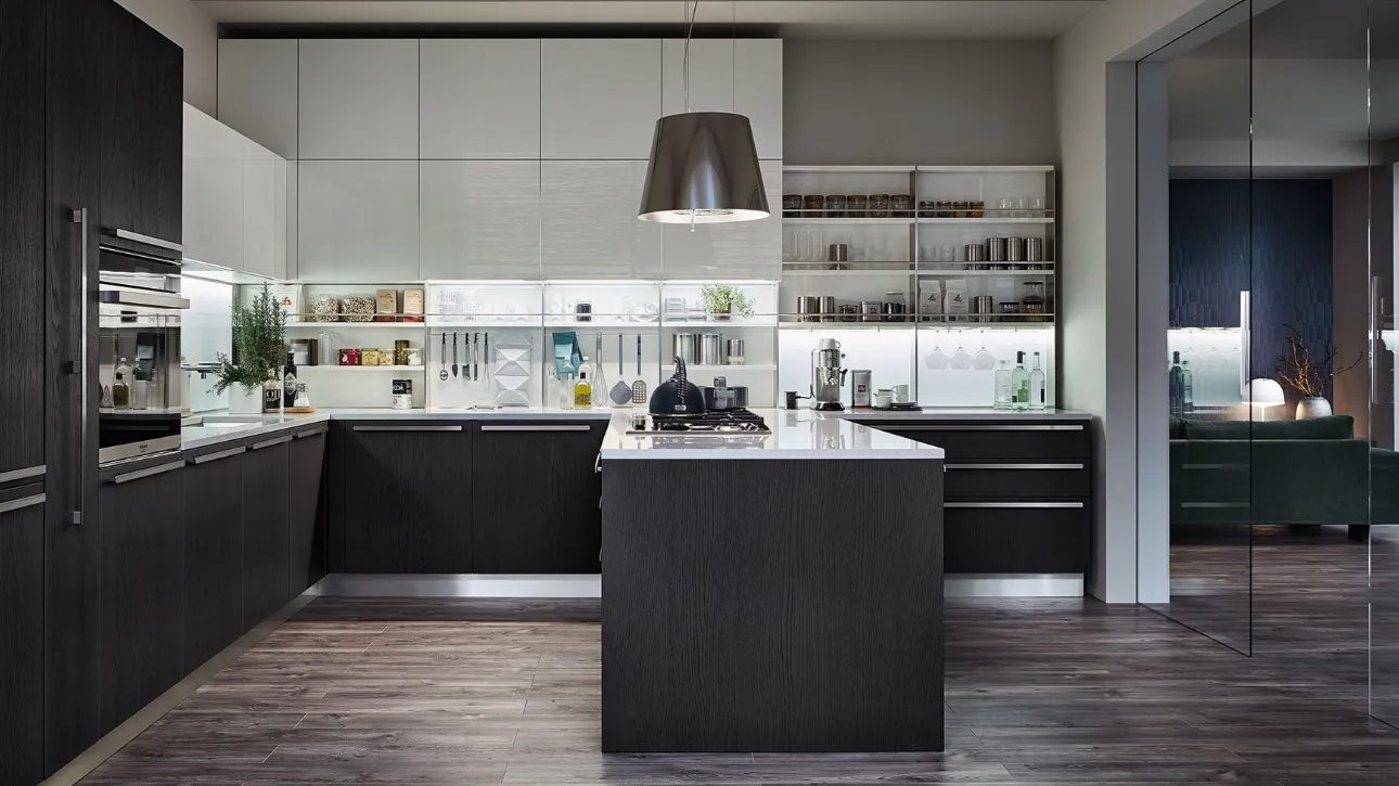 Cucina Moderna Extra angolare in Rovere Grafite e laccato lucido Bianco Puro di Veneta Cucine
