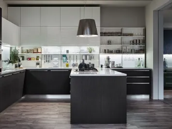 Cucina Moderna con penisola Extra in Rovere Grafite e laccato lucido Bianco Puro di Veneta Cucine
