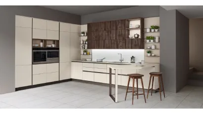 Cucina Moderna Start Time angolare in laccato Beige e Tag Rovere Fumo di Veneta Cucine