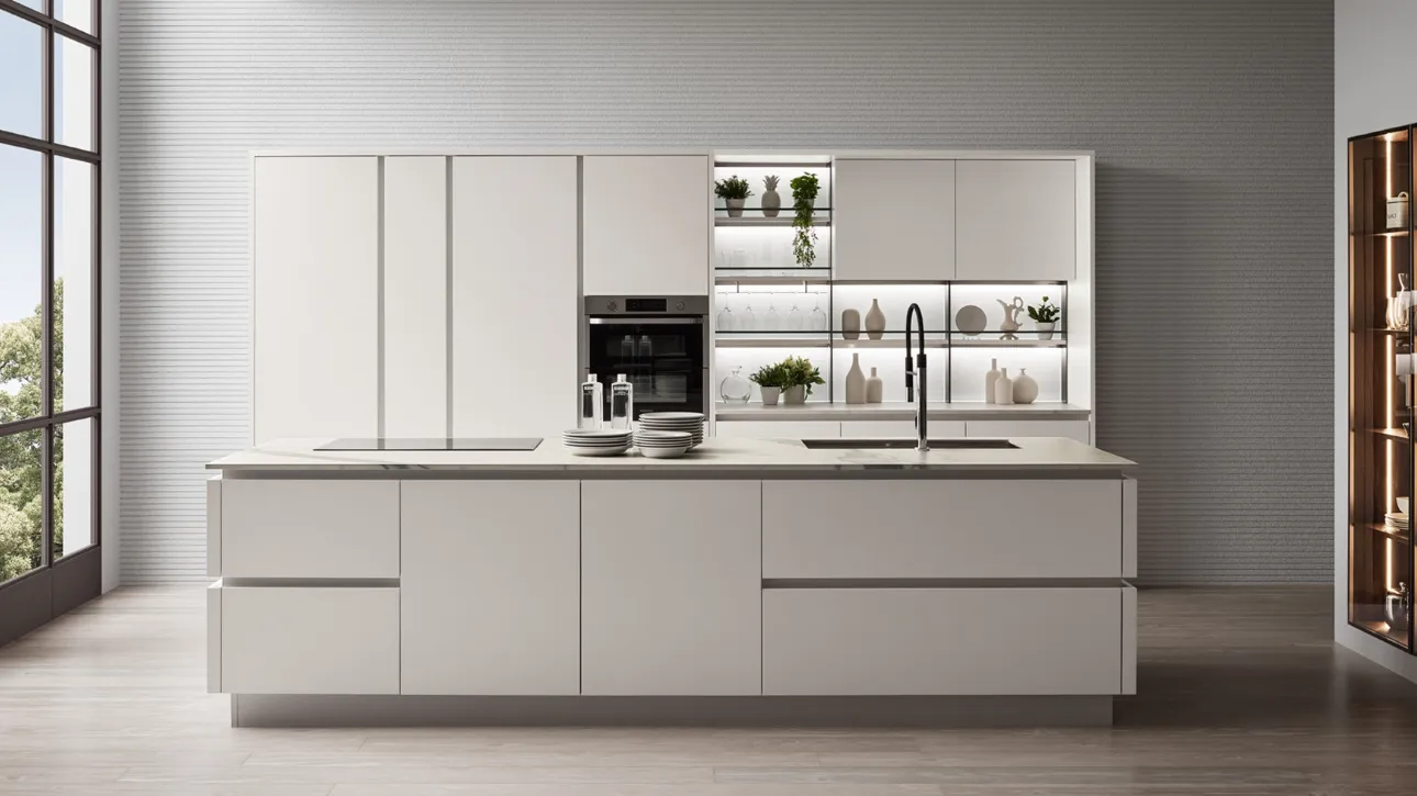 Cucina Moderna Oyster con isola in laccato opaco Bianco Puro di Veneta Cucine