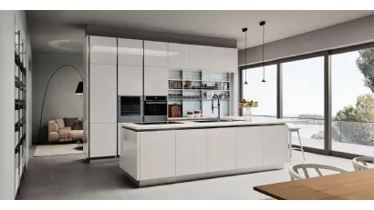 Cucina Moderna Oyster con penisola in laccato lucido Bianco di Veneta Cucine