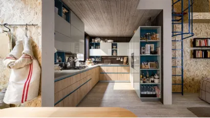 Cucina Moderna Start Time Go angolare in Play Rovere medio e laccato lucido Grigio di Veneta Cucine