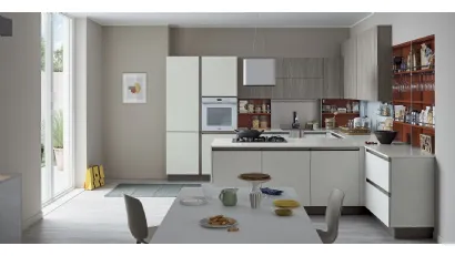 Cucina Moderna Start Time Presa angolare con penisola in finitura Graffiato Gesso, laccato Rame e olmo Neutro di Veneta Cucine