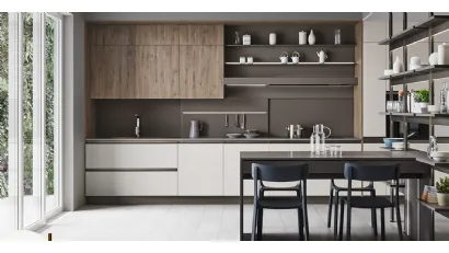 Cucina Moderna lineare Start Time Presa in finitura Graffiato chiaro e Noce Rustik di Veneta Cucine