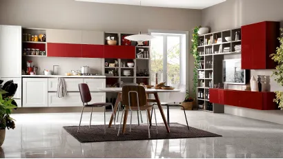 Cucina Moderna Tablet Go lineare in laccato opaco Link Bianco e laccato lucido Rosso Ciliegia di Veneta Cucine