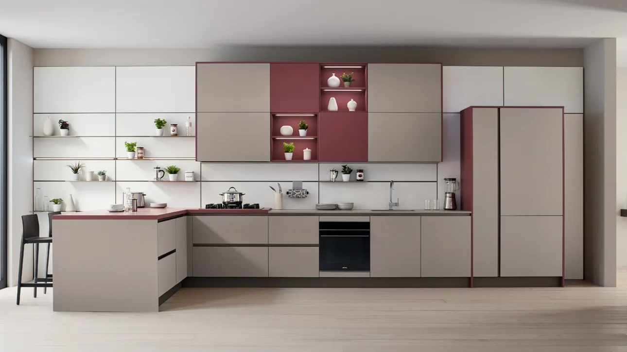 Cucina Moderna Like angolare in laccato opaco Marrone e Rosso Soft di Veneta Cucine