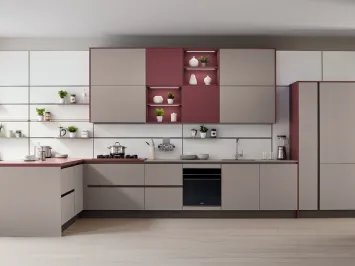 Cucina Moderna Like angolare in laccato opaco Marrone e Rosso Soft di Veneta Cucine